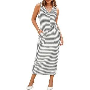 Pink Queen 2 Piece Outfits Sleeveless V Neck Button Down Slit Midi Skirt Striped